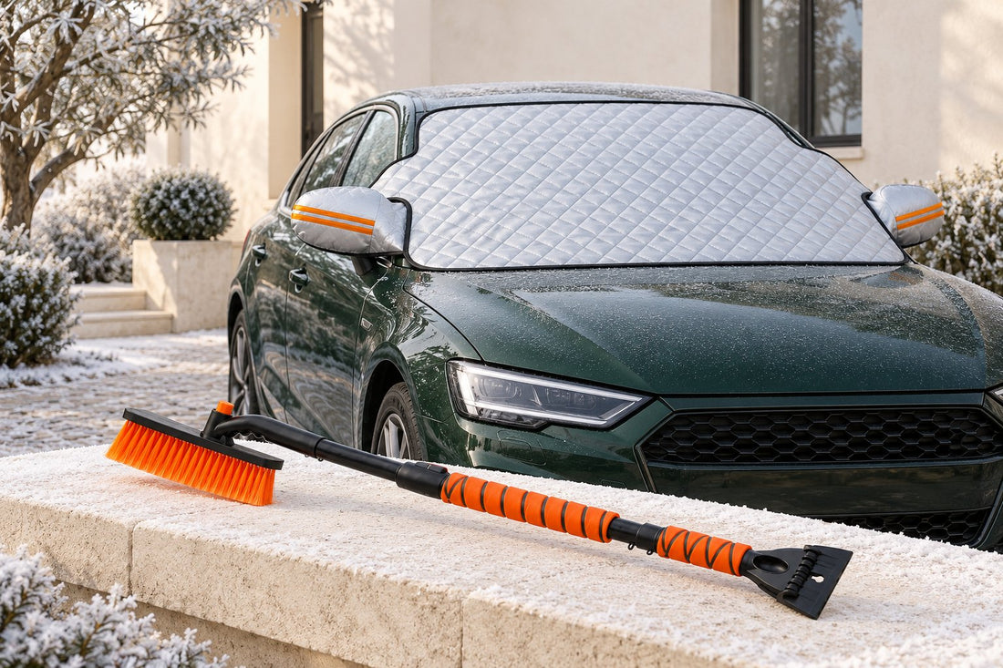 Silver quilted windscreen cover on a car with an orange snow brush on a frosty driveway
