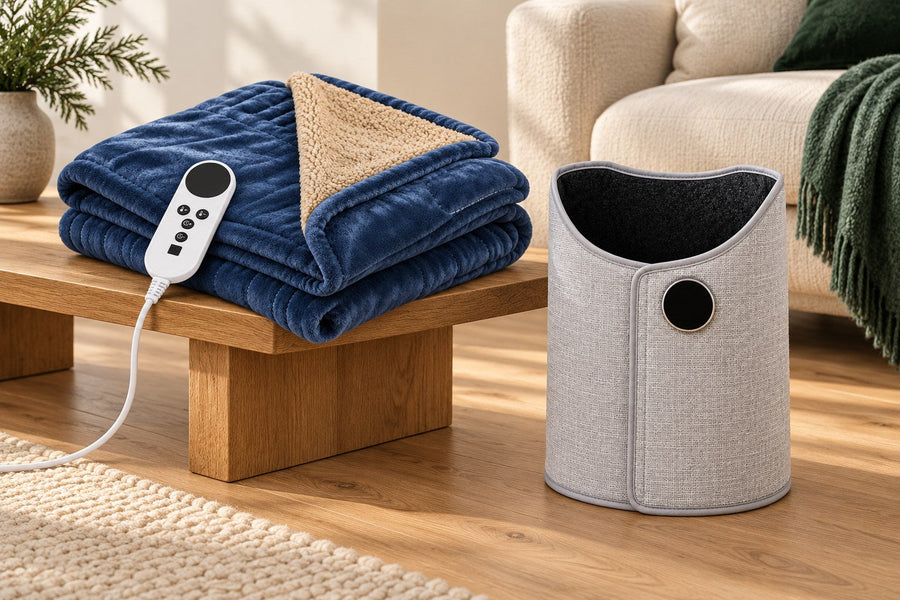 Blue electric throw and gray foot and leg warmer in a calm European living room