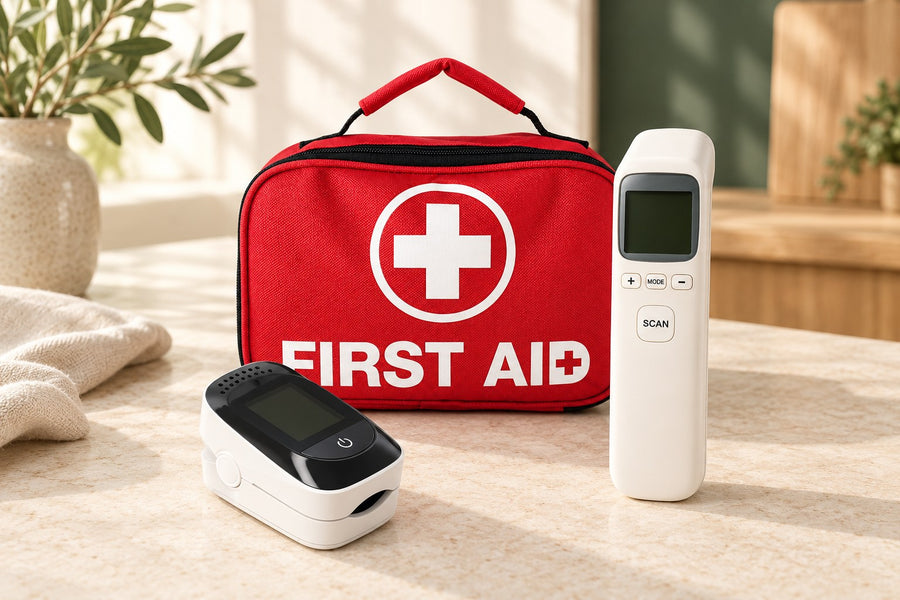 Red first aid case, white pulse oximeter and forehead thermometer on a pale stone home surface