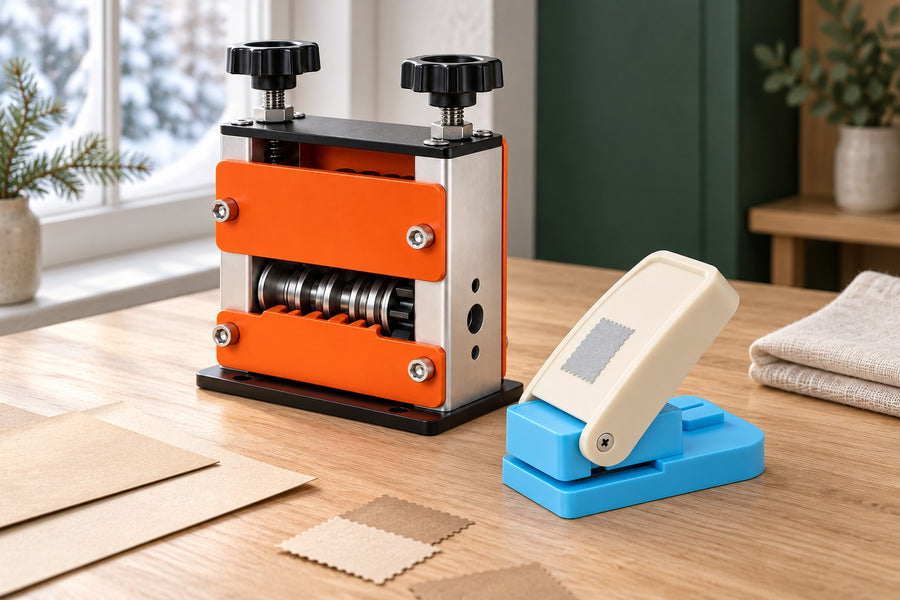 Orange multi-hole wire stripping machine and blue paper craft punch on an oak workbench