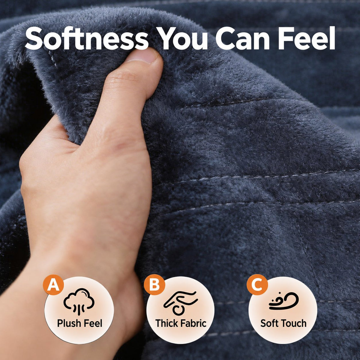 Close-up of the soft deep blue flannel electric blanket fabric
