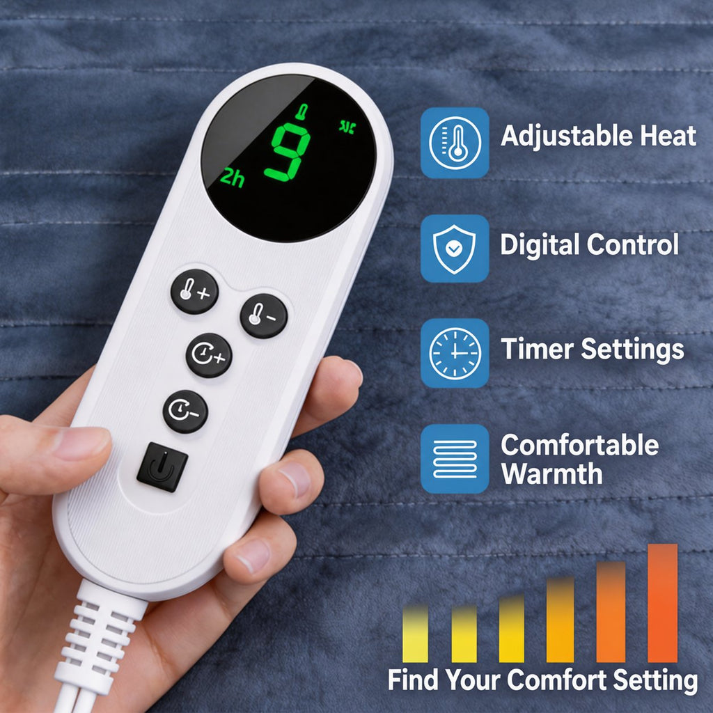 Wired digital heat controller resting on the flannel heated throw