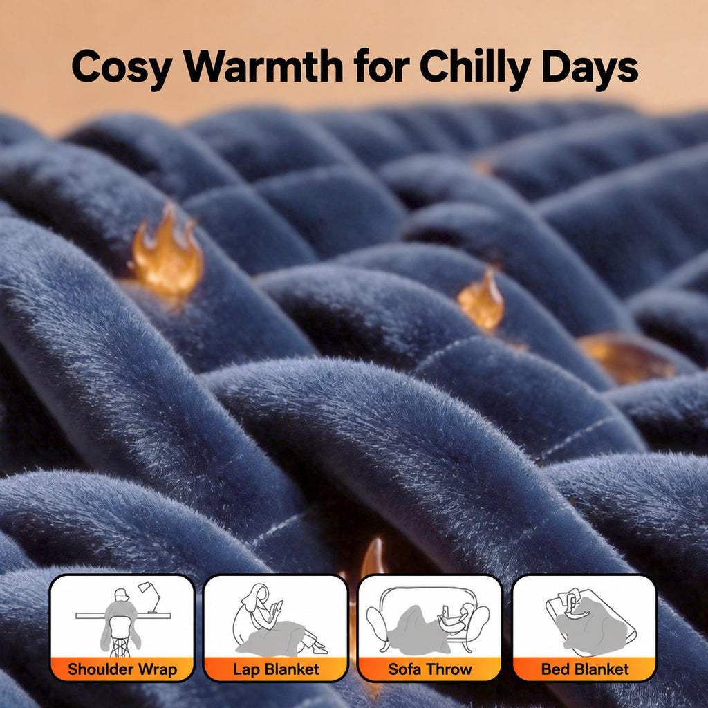 Folded flannel heated throw showing its deep blue fabric and quilted texture