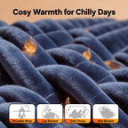 Folded flannel heated throw showing its deep blue fabric and quilted texture