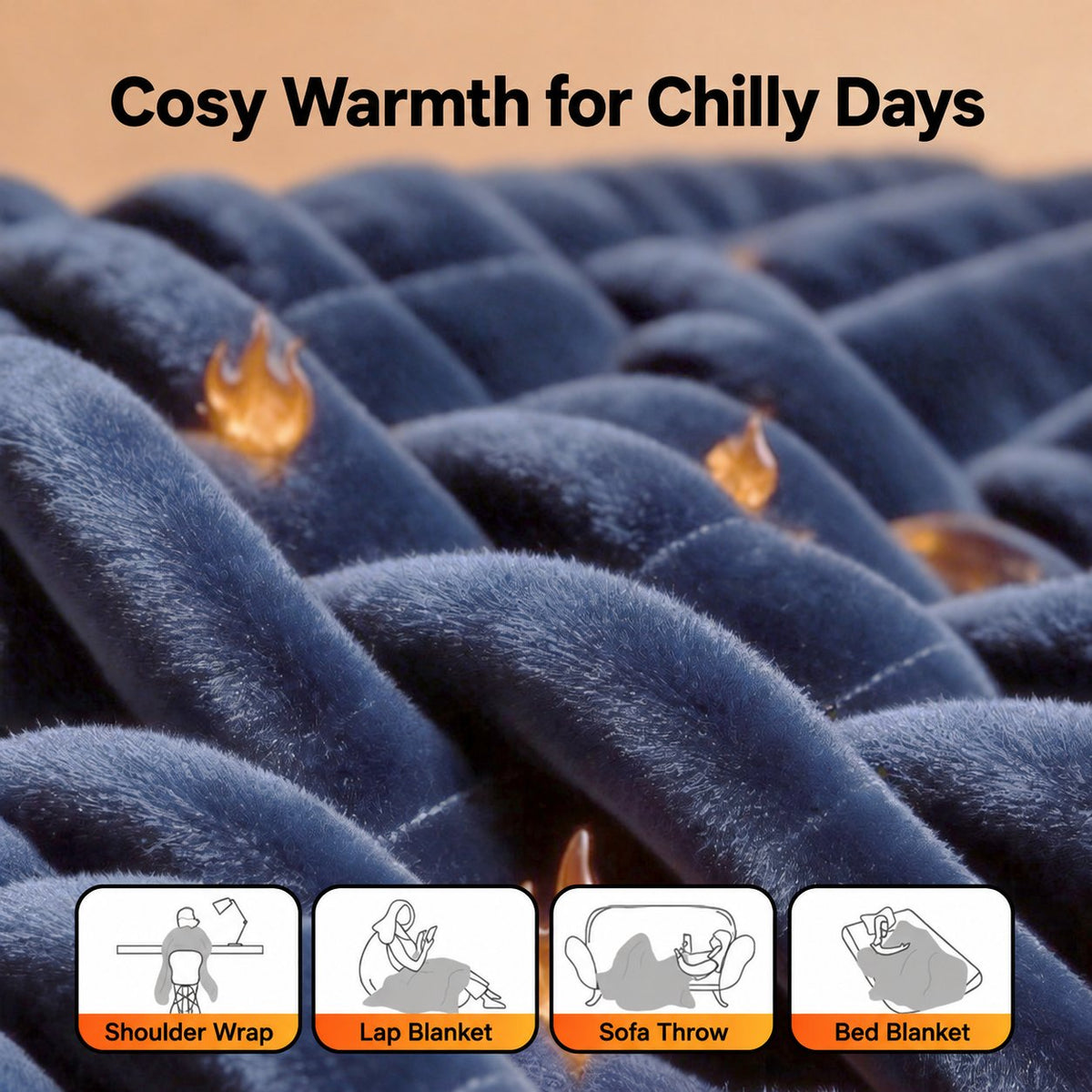 Folded flannel heated throw showing its deep blue fabric and quilted texture