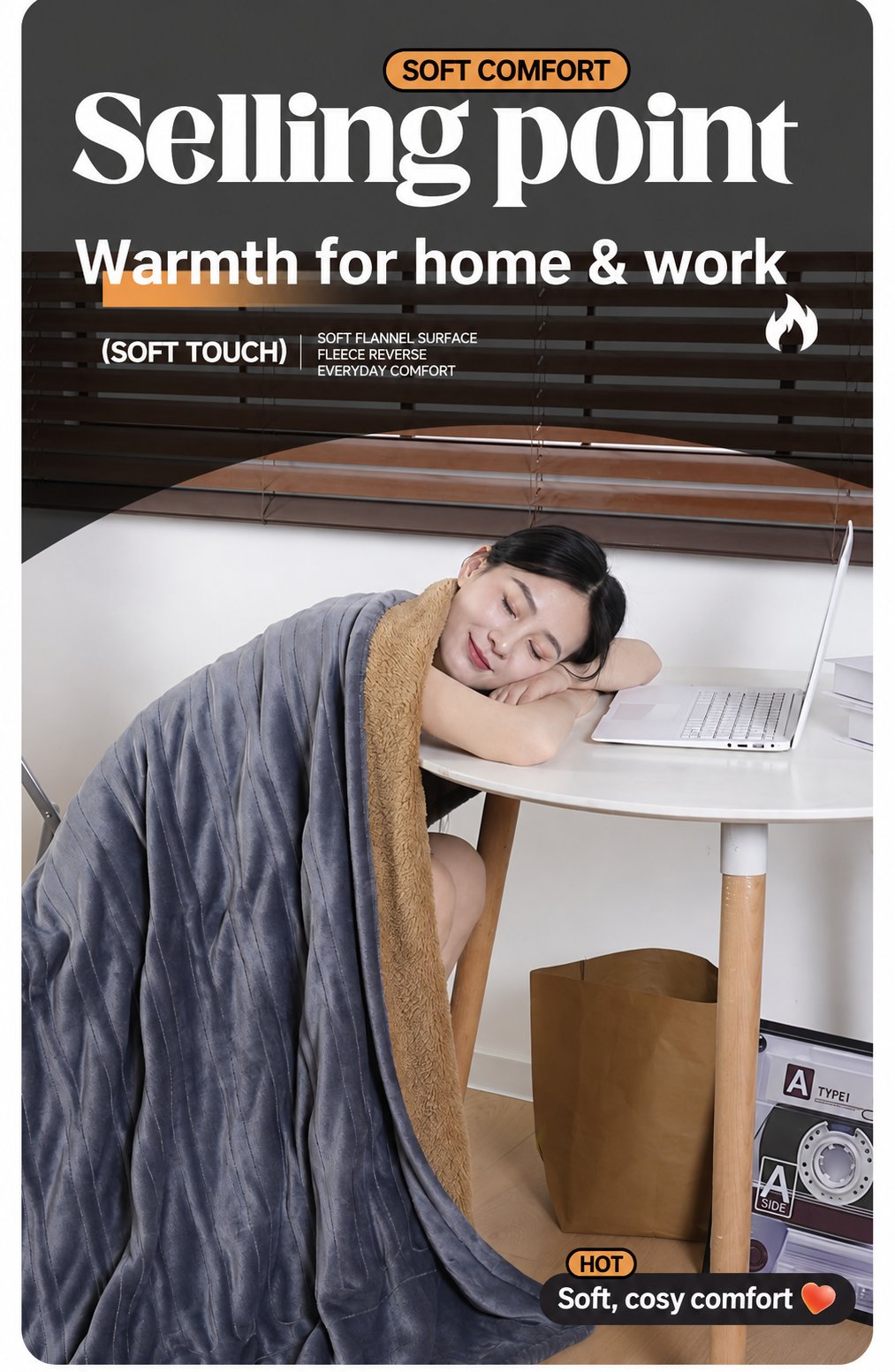 Electric throw blanket used over the lap during a desk break
