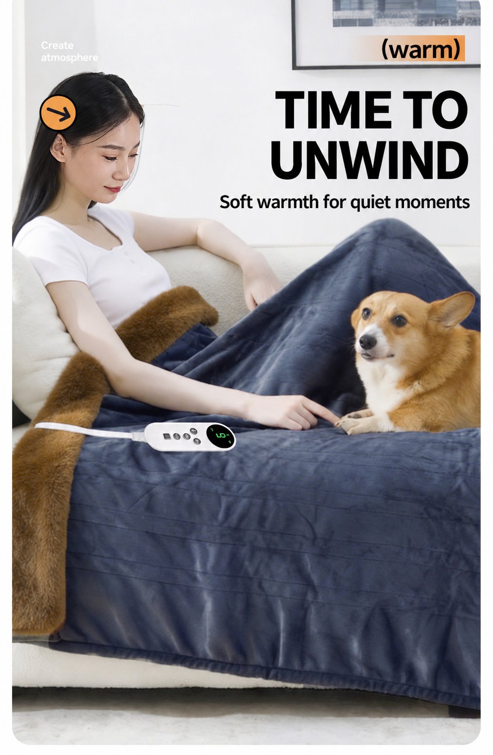 Heated throw spread across a lap while reading on the sofa