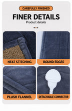 Flannel blanket details showing edging, fabric and the removable connector