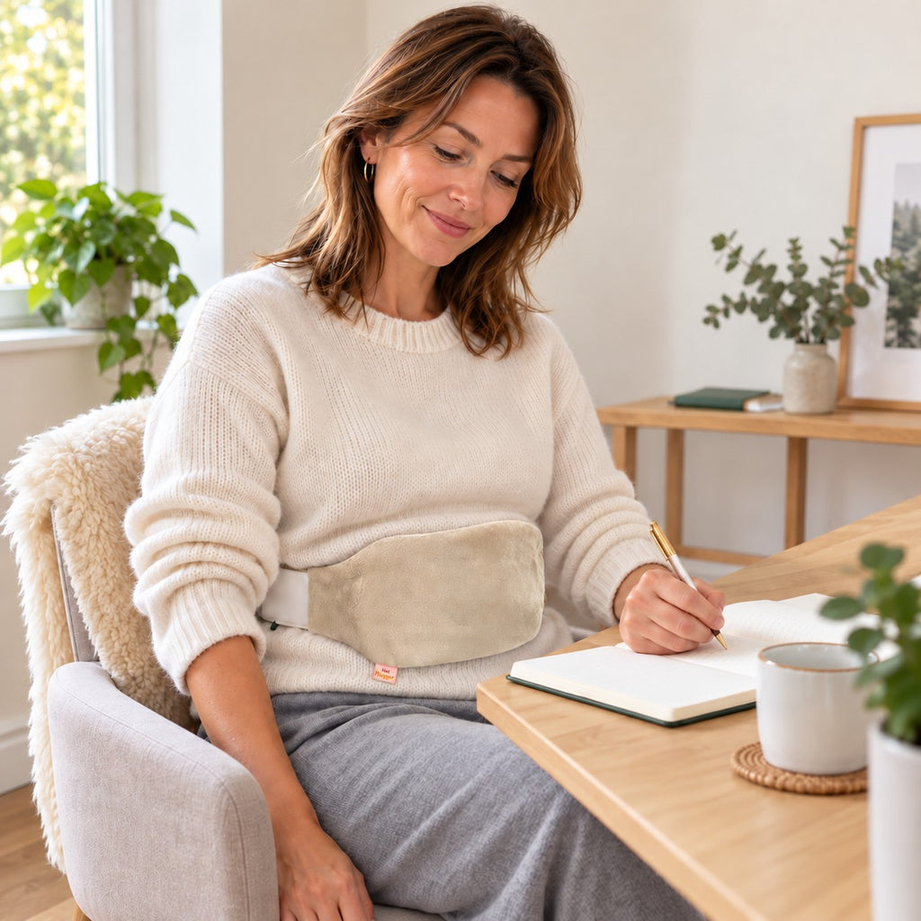 Woman writing at home with the Cream Hot Hugger cover fastened around her waist