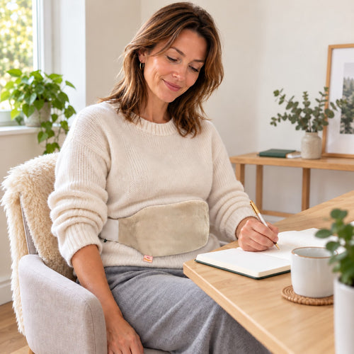 Woman writing at home with the Cream Hot Hugger cover fastened around her waist