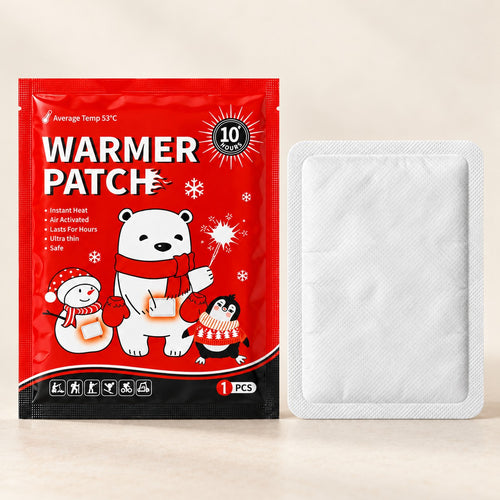 One warmer patch and its red sachet on an ivory background; choose the 50- or 100-patch pack separately
