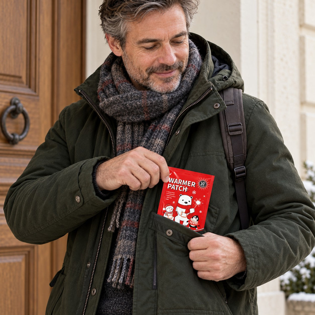 Man packing an unopened warmer patch sachet into his winter coat