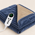 Blue flannel heated throw with beige fleece reverse and wired digital controller