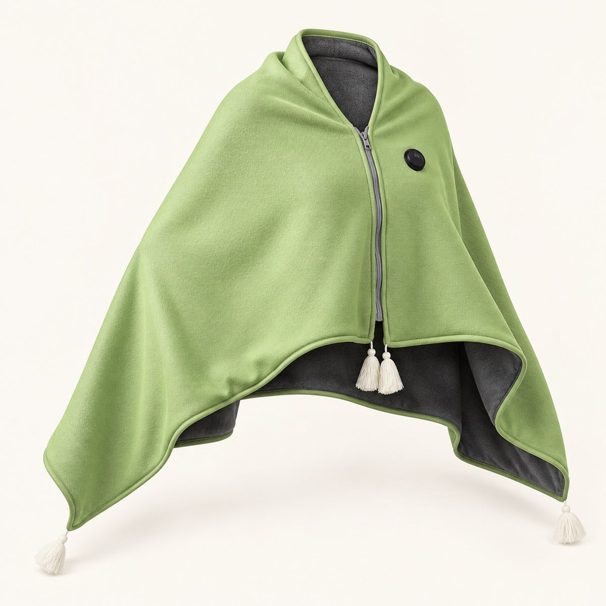 Mint green USB heated shawl with charcoal lining, front zip, tassels and round button control on ivory