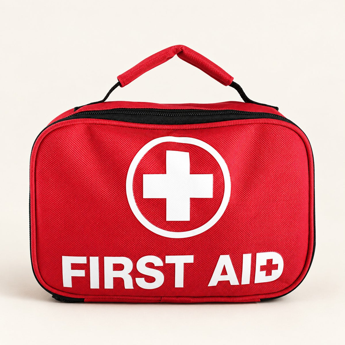 Red Oxford cloth first aid carry case with zip closure and top handle