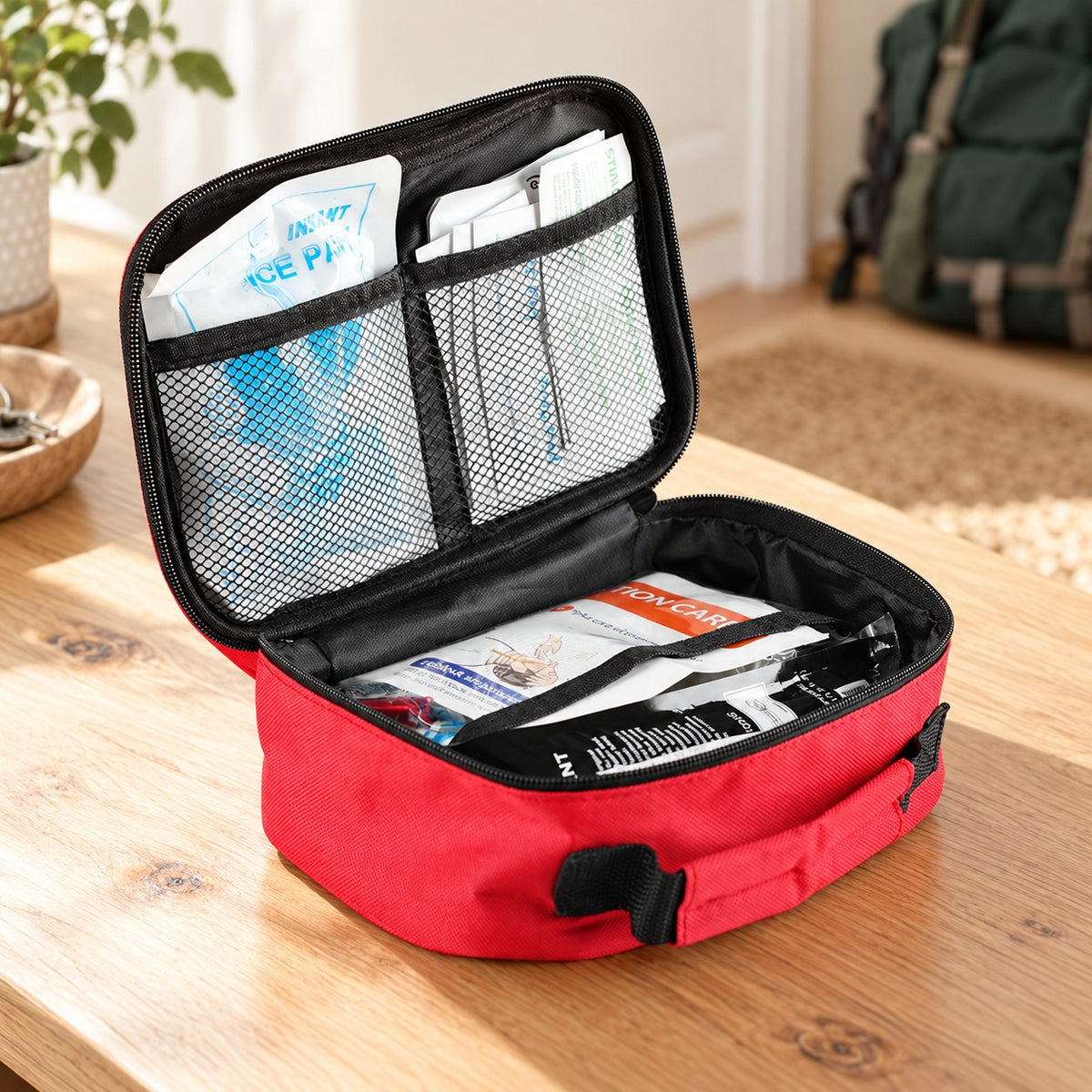 Open red first aid carry case showing the source kit contents in mesh pockets and retaining straps