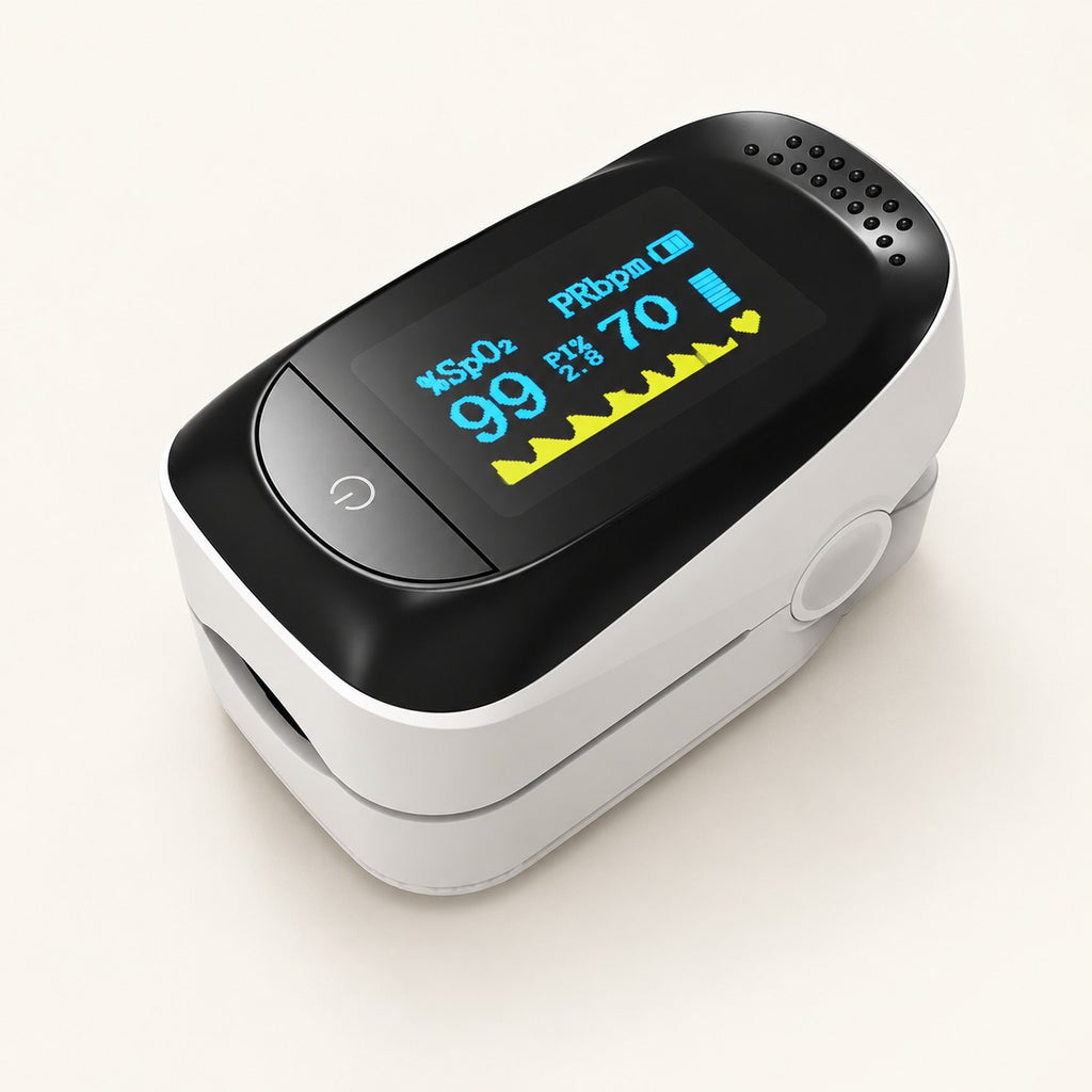 White IMDK fingertip pulse oximeter with OLED display on an ivory background