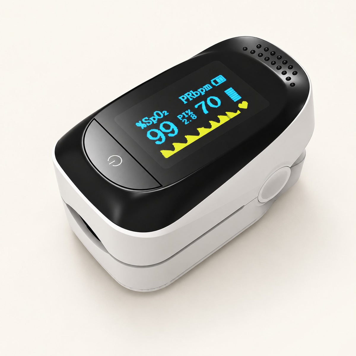 White IMDK fingertip pulse oximeter with OLED display on an ivory background