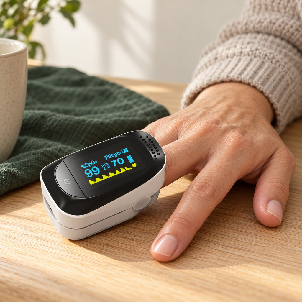 White IMDK fingertip pulse oximeter clipped to an adult index finger at a home table