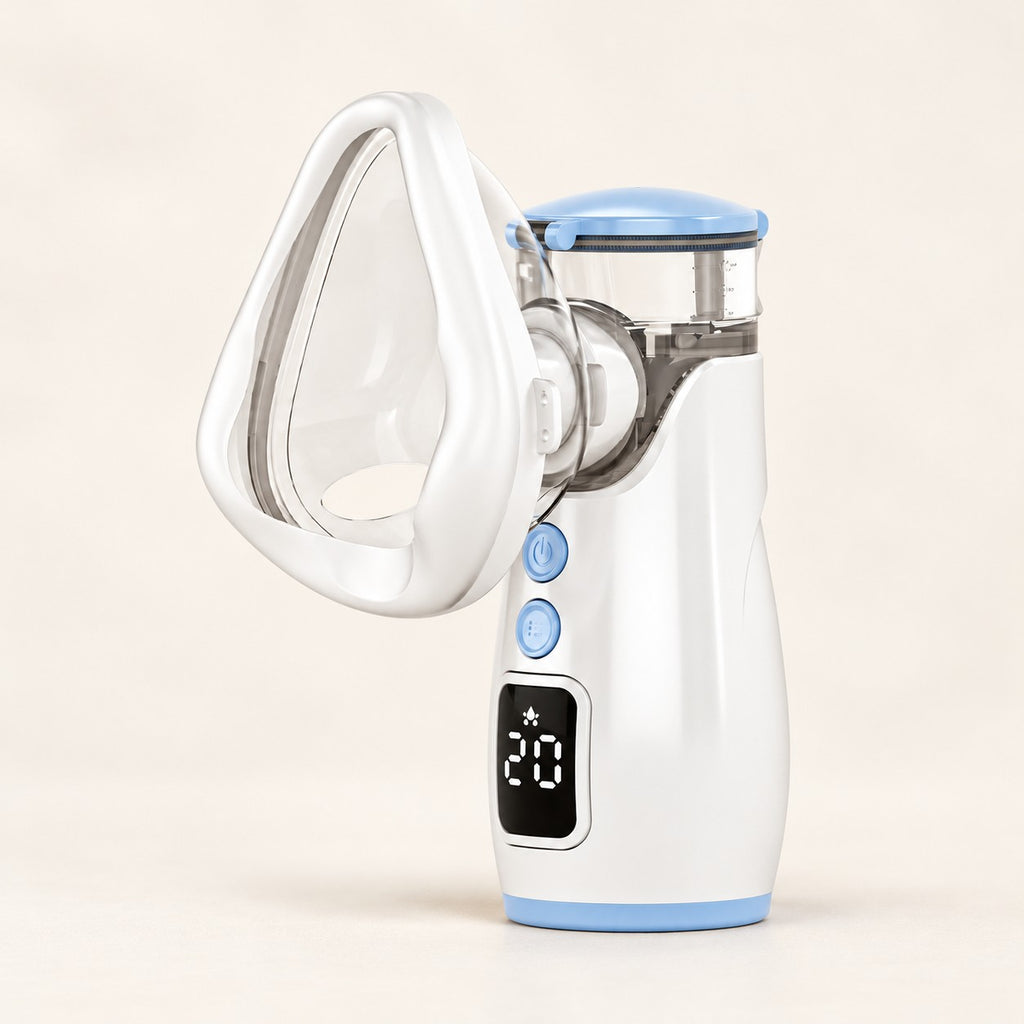 White and light-blue rechargeable mesh nebulizer with clear cup and attached mask