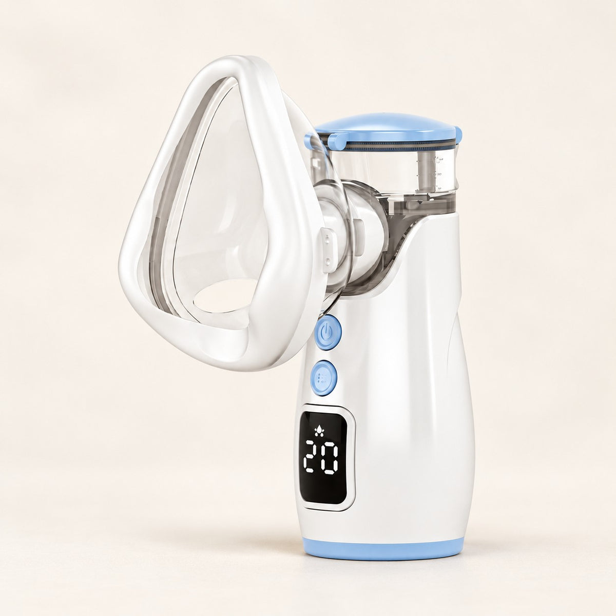 White and light-blue rechargeable mesh nebulizer with clear cup and attached mask