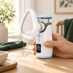 Adult hand holding the light-blue rechargeable mesh nebulizer with its actual attached mask