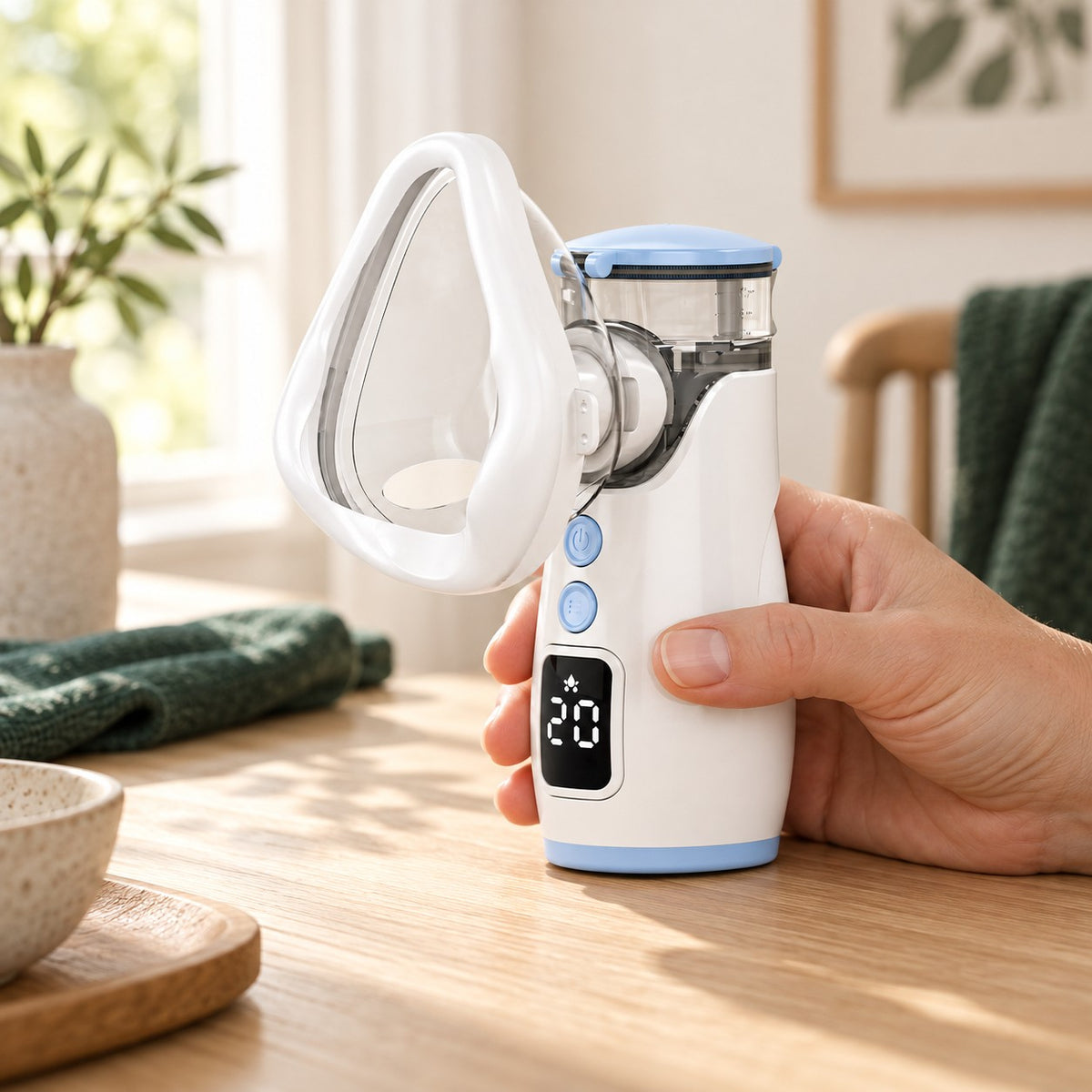 Adult hand holding the light-blue rechargeable mesh nebulizer with its actual attached mask