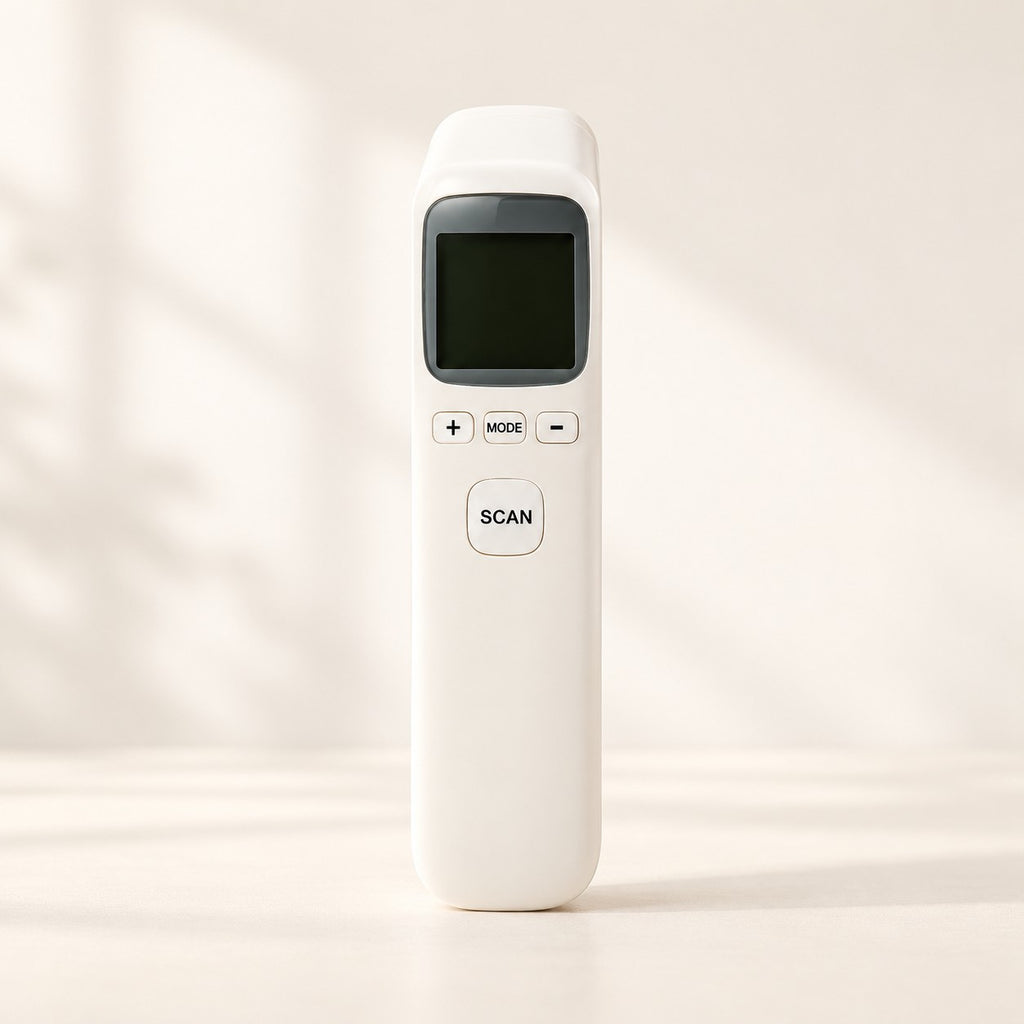 CK-T1803 white handheld infrared forehead thermometer with digital display and scan button