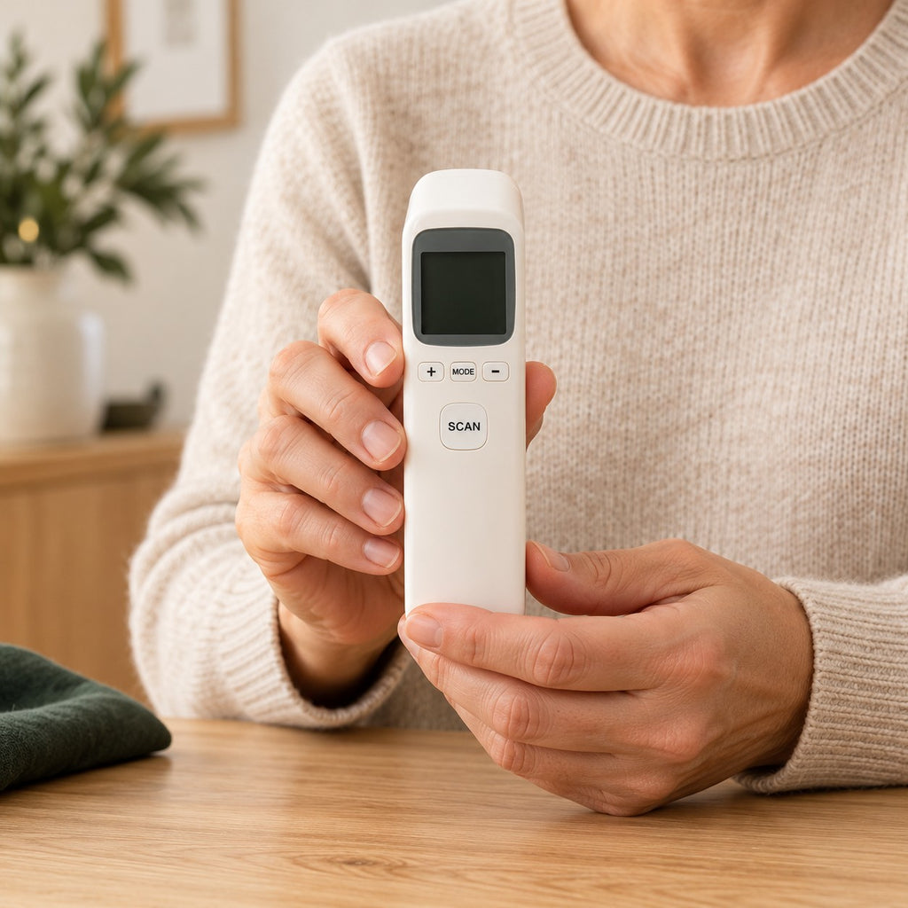 Adult holding the CK-T1803 infrared forehead thermometer ready for a household temperature check