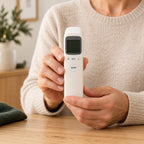 Adult holding the CK-T1803 infrared forehead thermometer ready for a household temperature check