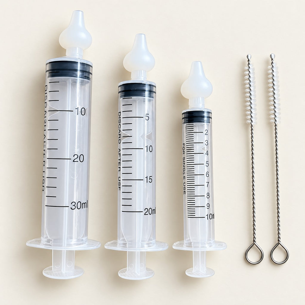 Eight-piece industrial syringe kit with 30 ml, 20 ml and 10 ml barrels, soft tips and two brushes