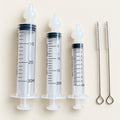 Eight-piece industrial syringe kit with 30 ml, 20 ml and 10 ml barrels, soft tips and two brushes