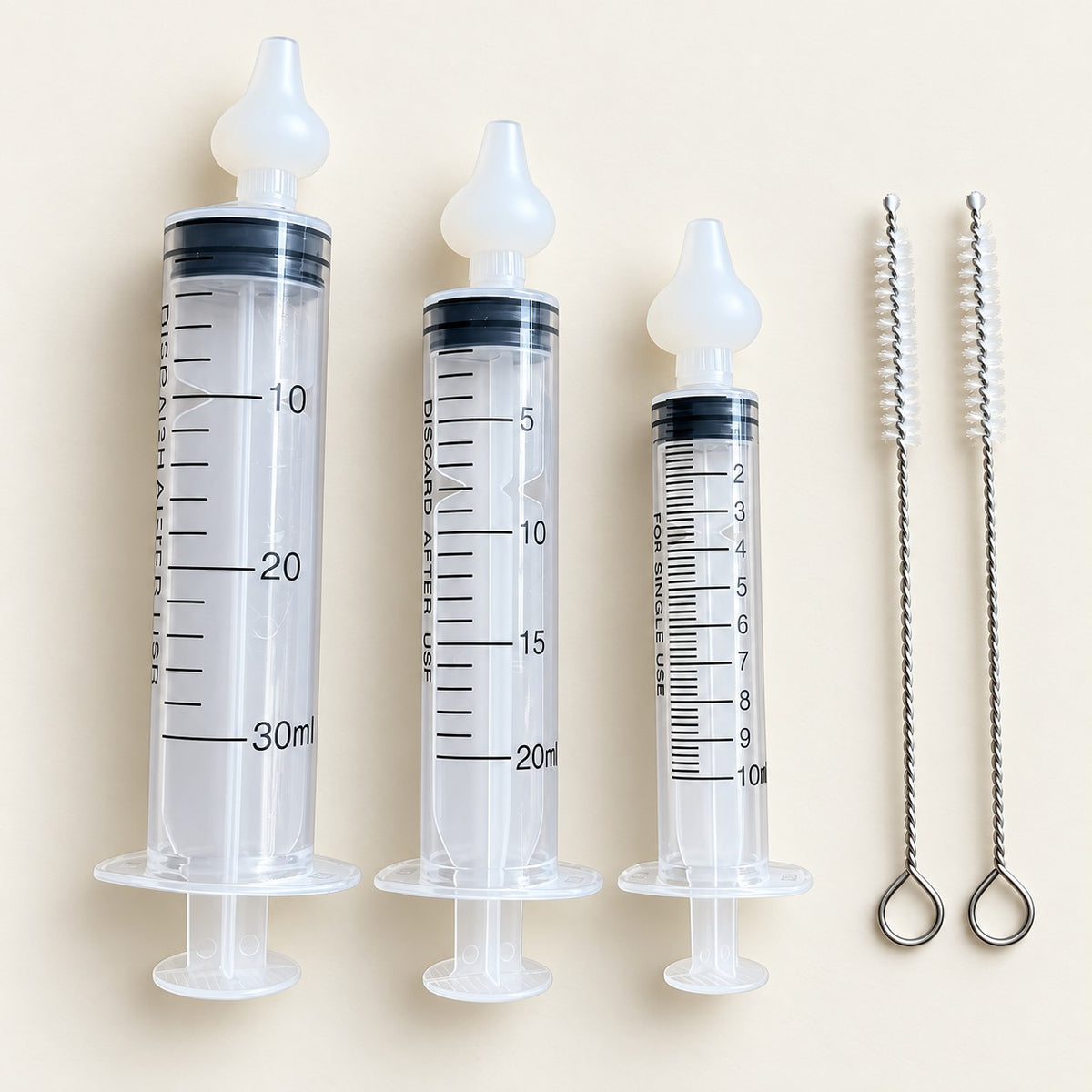Eight-piece industrial syringe kit with 30 ml, 20 ml and 10 ml barrels, soft tips and two brushes