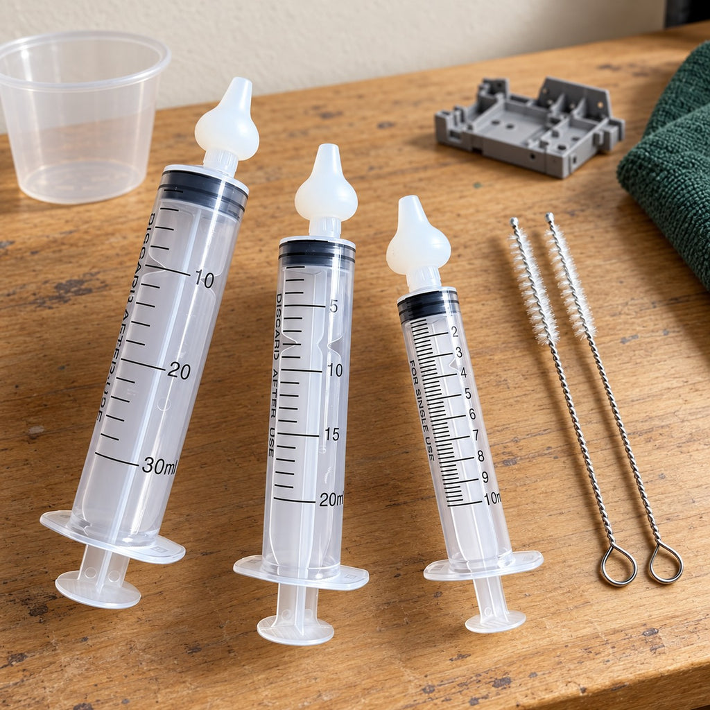 Eight-piece industrial manual syringe accessory kit organised on a non-medical workbench