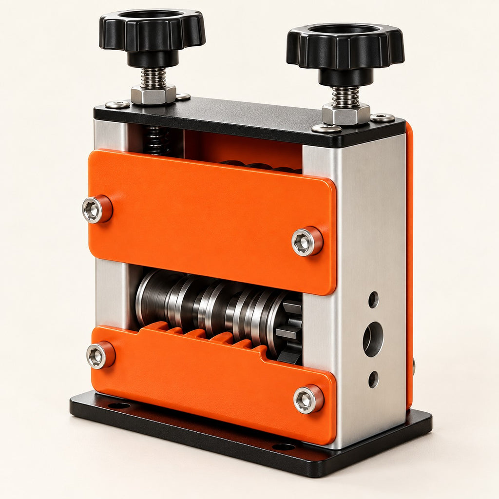 Orange new-version multi-hole wire stripper with two black adjustment knobs on warm ivory
