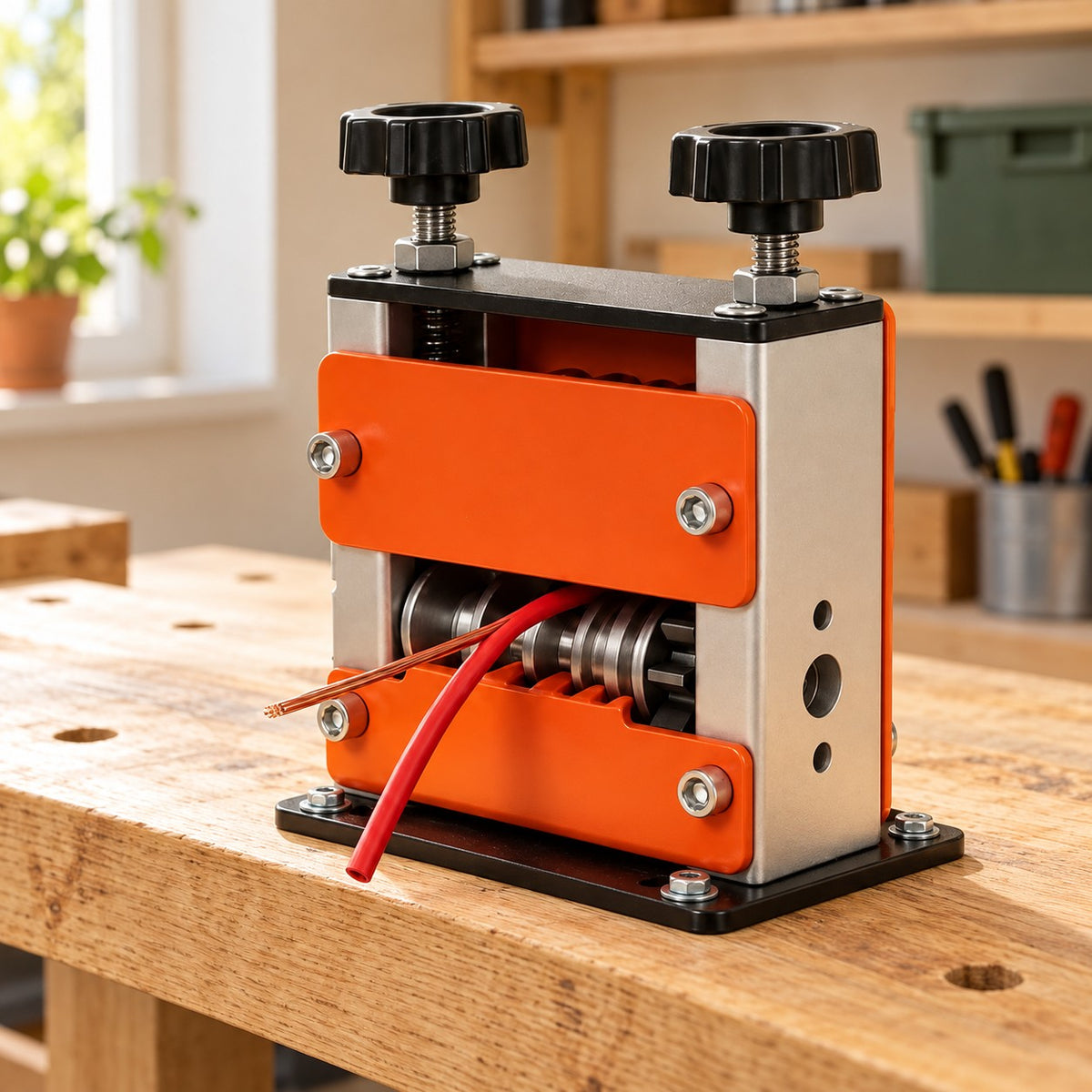 Orange multi-hole wire stripper secured to a workshop bench with disconnected cable for setup