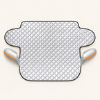 Silver quilted five-magnet windscreen cover and mirror covers arranged on warm ivory