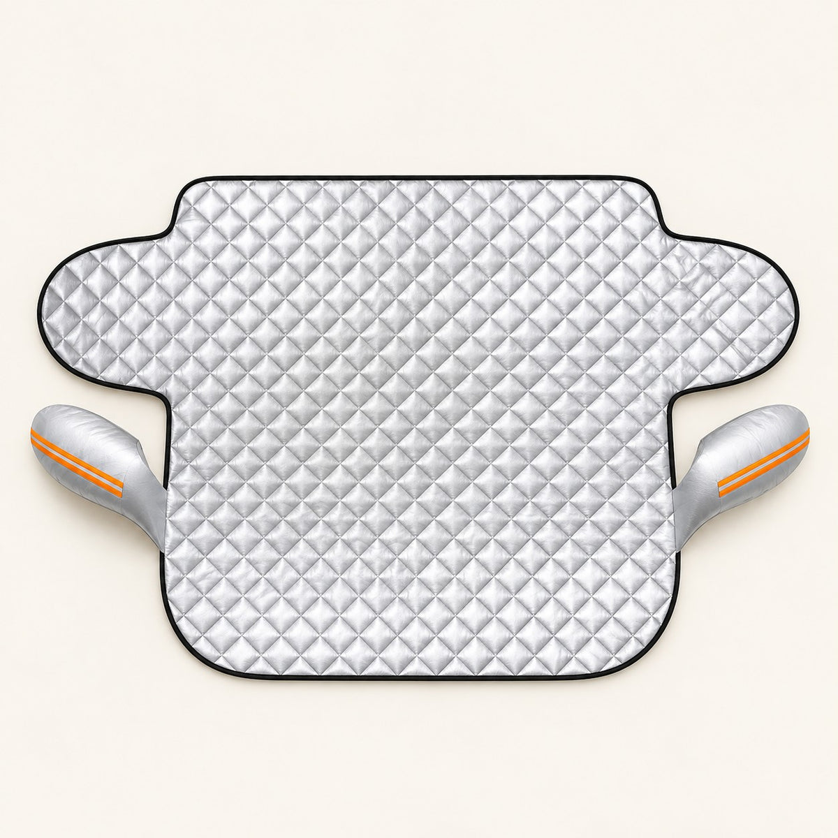 Silver quilted five-magnet windscreen cover and mirror covers arranged on warm ivory