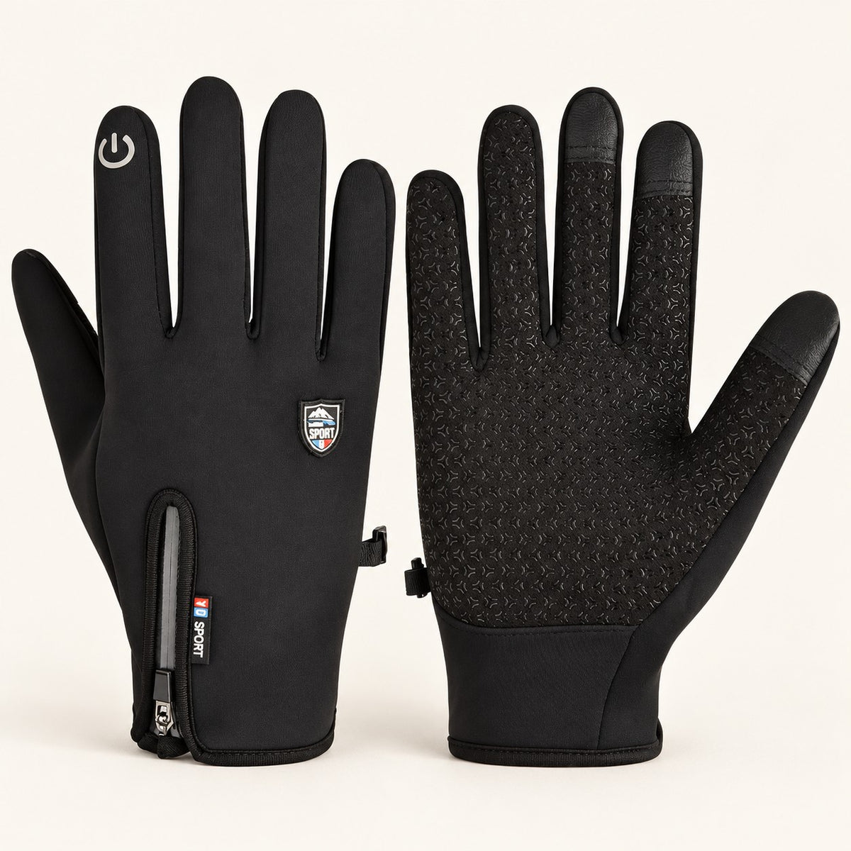 Black DQX003 non-heated winter gloves showing zipped cuff and textured palm