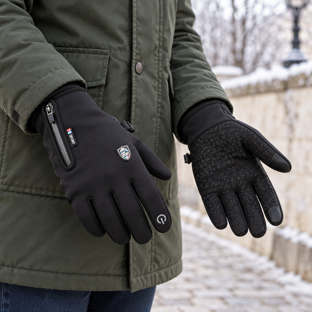 Black zipped-cuff winter gloves worn during an everyday walk outdoors