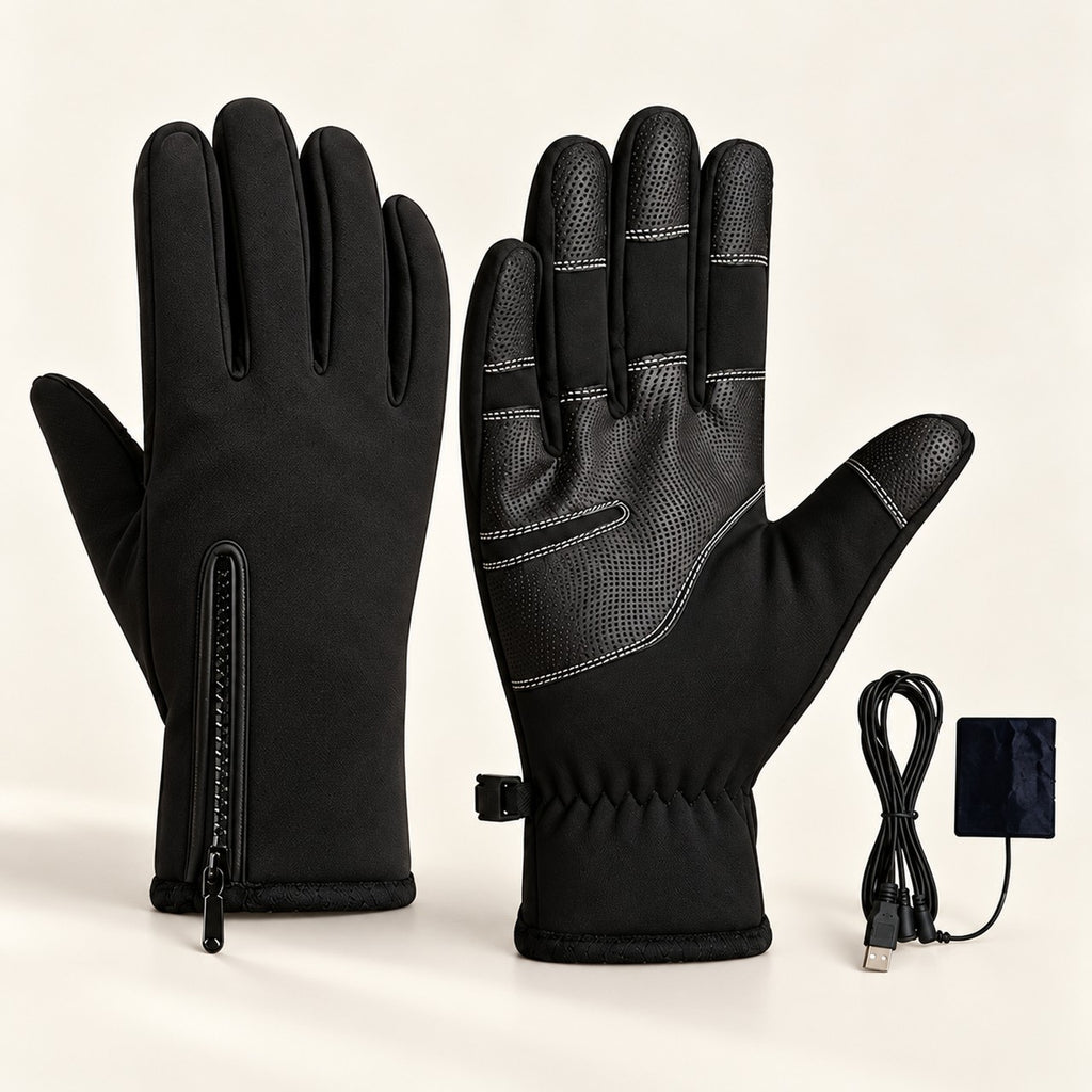 Black JRST01 USB heated gloves with back-of-hand zip, textured palm and USB heating insert on an ivory background
