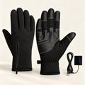Black JRST01 USB heated gloves with back-of-hand zip, textured palm and USB heating insert on an ivory background