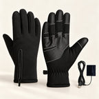 Black JRST01 USB heated gloves with back-of-hand zip, textured palm and USB heating insert on an ivory background