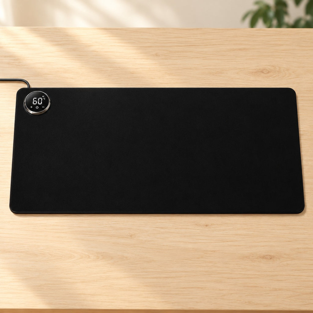 Black AI heated desk mat with integrated round digital controller on a pale oak desk