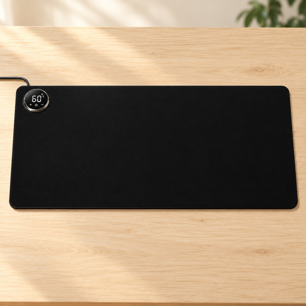 Black AI heated desk mat with integrated round digital controller on a pale oak desk