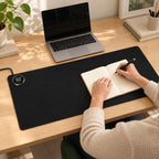 Adult writing in a notebook on the Black AI heated desk mat in a naturally lit home office