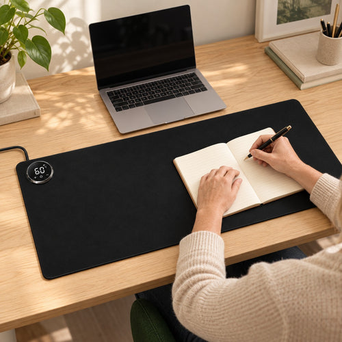 Adult writing in a notebook on the Black AI heated desk mat in a naturally lit home office