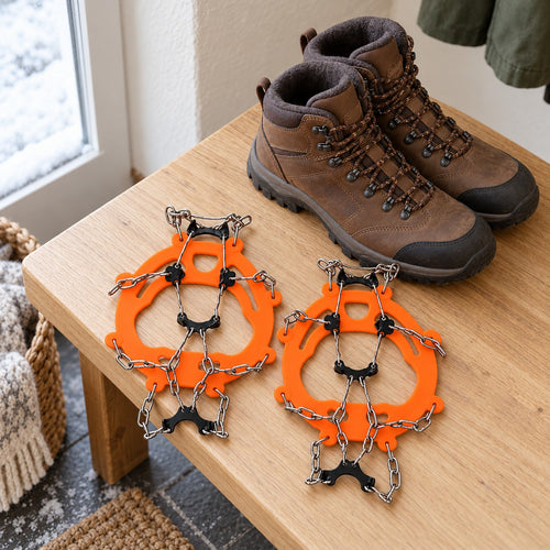 Orange adult chain ice grips laid flat beside walking boots before a winter outing