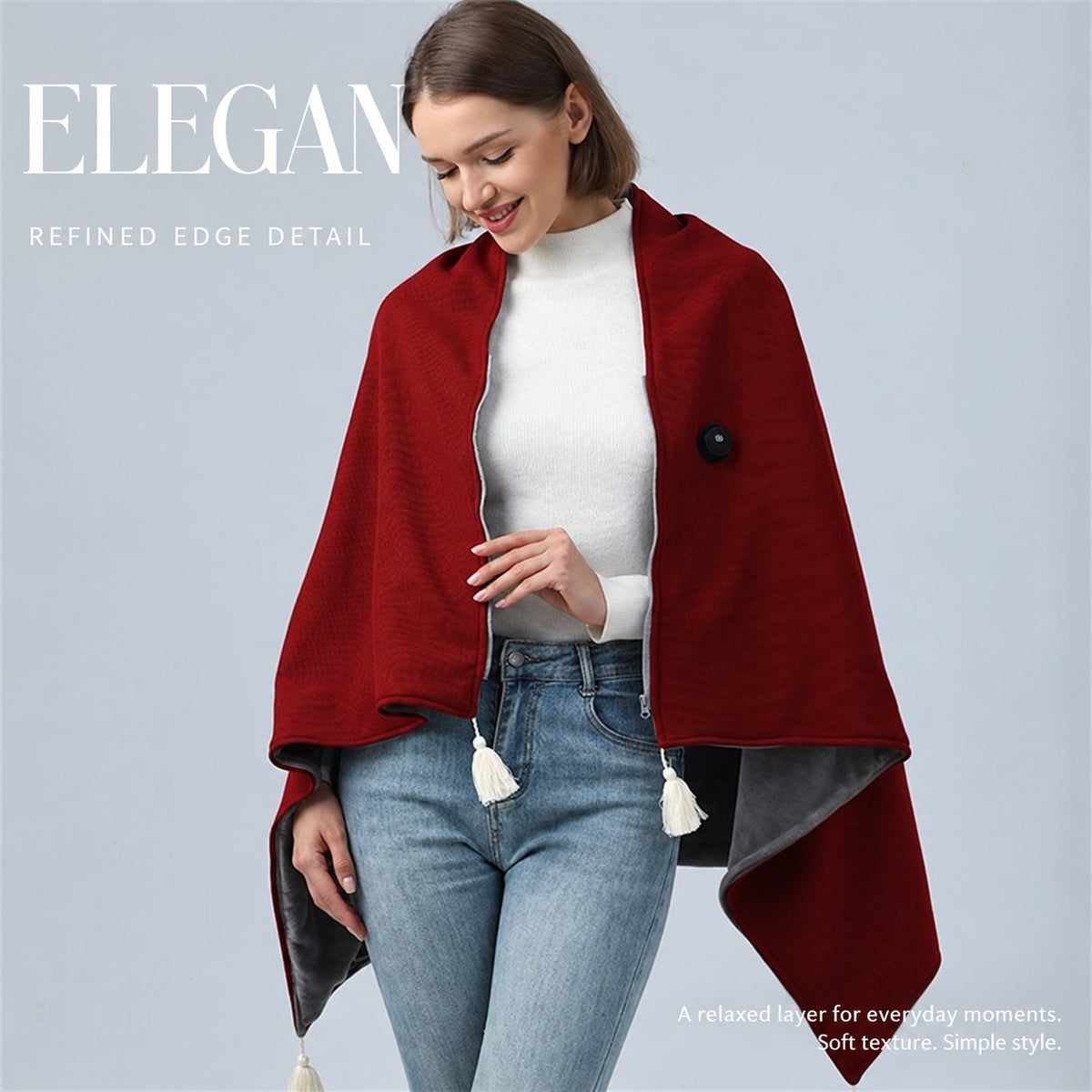 Burgundy USB heated shawl draped around the shoulders