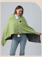 Mint green heated shawl showing its generous draped shape